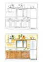 Graphic sketch and color version of a kitchen