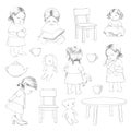 Graphic sketch with contour baby girl, doll, bear, bunny, furniture and dishes