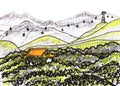 Graphic sketch of a mountain chinese landscape with a temple with a golden roof and cableway