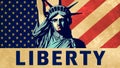 Graphic Statue of Liberty superimposed vintage style American flag, Copy-Space