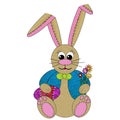 Graphic Boy Bunny with Large Floppy Ears holding easter egg and flowers. Looks like he is home-made with stitches shown.