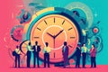 Graphic style of a team of people on the background of a huge clock