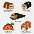 Graphic sushi set include sake, ebi, ikura and tamago icon. Royalty Free Stock Photo