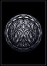 Graphic, symmetric abstraction without background with scandinavian ornament inside, round shield with braided nordic patterns