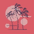 Graphic t-shirt geometric design with stylized palm trees on the topic of summer, holidays, beach, seacoast, tropics.