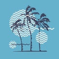 Graphic t-shirt geometric design with stylized palm trees on the topic of summer, holidays, beach, seacoast, tropics. Royalty Free Stock Photo