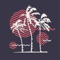 Graphic t-shirt geometric design with stylized palm trees on the topic of summer, holidays, beach, seacoast, tropics.