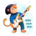 Graphic tee slogan for girl. Cat with a guitar. Cat with a guitar. Guitar bass. Character kitten in a hat. Royalty Free Stock Photo