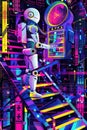 Graphic of Vector art of an AI managing a digital timeline set against a backdrop of neon colors and abstract hitech patterns