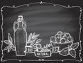 Graphic vector illustration with bottle of olive oil and fresh olives in bowl on a chalkboard