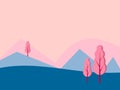 Graphic vector illustration of landscape with mountains hills valley meadow trees on sky background in pink blue turquoise color Royalty Free Stock Photo