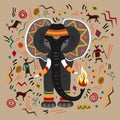 Graphic vector illustration with ornaments and symbols. Large and strong elephant decorated with ornaments with a plamen