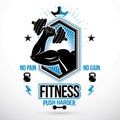 Graphic vector insignia created with strong sportsman biceps arm holding disc weight dumb bell and with kettle bell sport Royalty Free Stock Photo