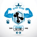 Graphic vector sign created with strong athlete biceps arm, dumb-bell and kettle bell sport equipment. Sport emblem for Royalty Free Stock Photo