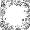 A graphic vector square frame with fir tree branches, oranges, cinnamon, star anise. Royalty Free Stock Photo