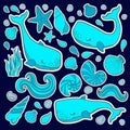 Graphic vector whales sticker flying in the sky. Sea and ocean creatures. Coloring book page design for adults and kids hand draw