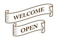 Graphic vintage welcome and open on ribbon