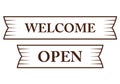 Graphic vintage welcome and open on ribbon
