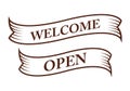 Graphic vintage welcome and open on ribbon