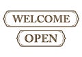 Graphic vintage welcome and open on ribbon