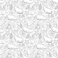 Graphic whales flying in the sky. Sea and ocean creatures. Vector fantasy seamless pattern. Coloring book page design for adults a Royalty Free Stock Photo