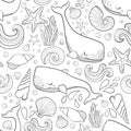 Graphic whales flying in the sky. Sea and ocean creatures. Vector fantasy seamless pattern. Coloring book page design for adults a Royalty Free Stock Photo