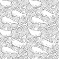 Graphic whales flying in the sky. Sea and ocean creatures. Vector fantasy seamless pattern. Coloring book page design for adults a Royalty Free Stock Photo