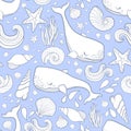 Graphic whales flying in the sky. Sea and ocean creatures. Vector fantasy seamless pattern. Coloring book page design for adults a Royalty Free Stock Photo