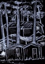 Graphic white on black drawing many houses between pines in the city of Jurmala