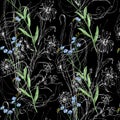 Graphic wildflowers and watercolor flowers on a black background. Floral seamless pattern.