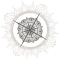 Graphic wind rose compass drawn with floral elements Royalty Free Stock Photo