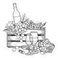 Graphic box of bottle and grapes, wine glasses