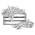 Graphic wooden box of grapes decorated with leaves