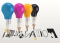 graphic word INNOVATION and 3d pencil light bulb Royalty Free Stock Photo