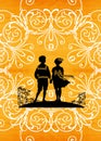 Graphic work of a Victorian couple in silhouettes.