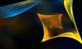 Graphic yellow orange blue geometric 3d helix with smooth corners on dark turquoise background with steam.