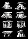 Graphical big 3D set of dolmens on black background, vector elements Royalty Free Stock Photo