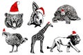 Graphical big set of animals in Santa Claus red hats isolated on white background. Christmas elements Royalty Free Stock Photo