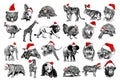 Graphical big set of animals in Santa Claus red hats isolated on white background. Christmas elements Royalty Free Stock Photo