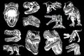 Graphical big set of dinosaurs on black background,vector illustration for tattoo and printing