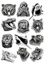 Graphical big set of heads of animals with grins isolated on white,vector elements