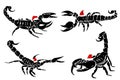 Graphical big set of scorpions in santa claus red hat on white background, vector new year elements,graphics