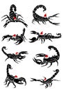 Graphical big set of scorpions in santa claus red hat on white background, vector new year elements,graphics