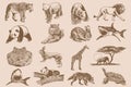 Graphical big vintage set of animals on sepia background,vector illustration. Zoology Royalty Free Stock Photo