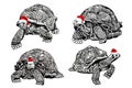 Graphical christmas elements , turtles in red Santa Claus hat isolated on white