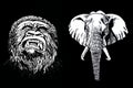 Graphical 3d portrait of gorilla and elephant on black background,vector engraved illustration Royalty Free Stock Photo