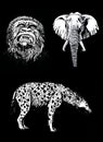 Graphical 3d set of african animals on black background,vector engraved illustration Royalty Free Stock Photo