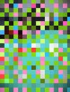 Graphical design in black, blue, white, yellow and pink squares with green surface textures