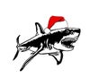 Graphical drawing of great shark in Santa Claus hat isolated on white background,vector illustration.Marine life