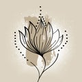 Graphical flower illustration. Lotus flower line art, beige pattern background